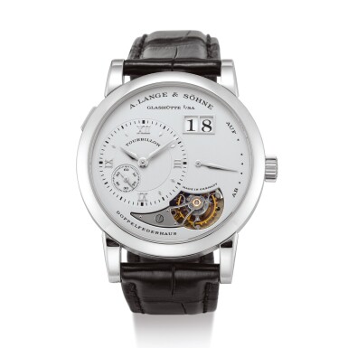 View full screen - View 1 of Lot 2167. A. LANGE & SÖHNE | LANGE 1 TOURBILLON A LIMITED EDITION PLATINUM TOURBILLON WRISTWATCH WITH DATE AND POWER RESERVE INDICATION, CIRCA 2001" | 朗格 | Lange 1 Tourbillon 限量版鉑金陀飛輪腕錶,備日期及動力儲備顯示,機芯編號16149,錶殼編號129375及125/150,約2001年製".
