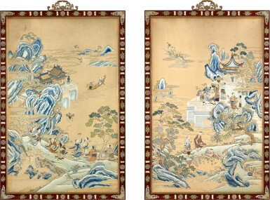 View full screen - View 1 of Lot 3895. A large pair of silk embroidery 'immortal gathering' screens, Qing dynasty, 18th century | 清十八世紀 絹本刺繡群仙祝壽圖掛屏一對.