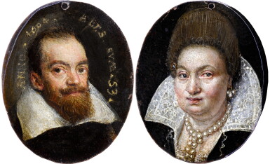 View full screen - View 1 of Lot 18. Double-sided portrait of a bearded gentleman and a lady in a white ruff and pearl necklace.