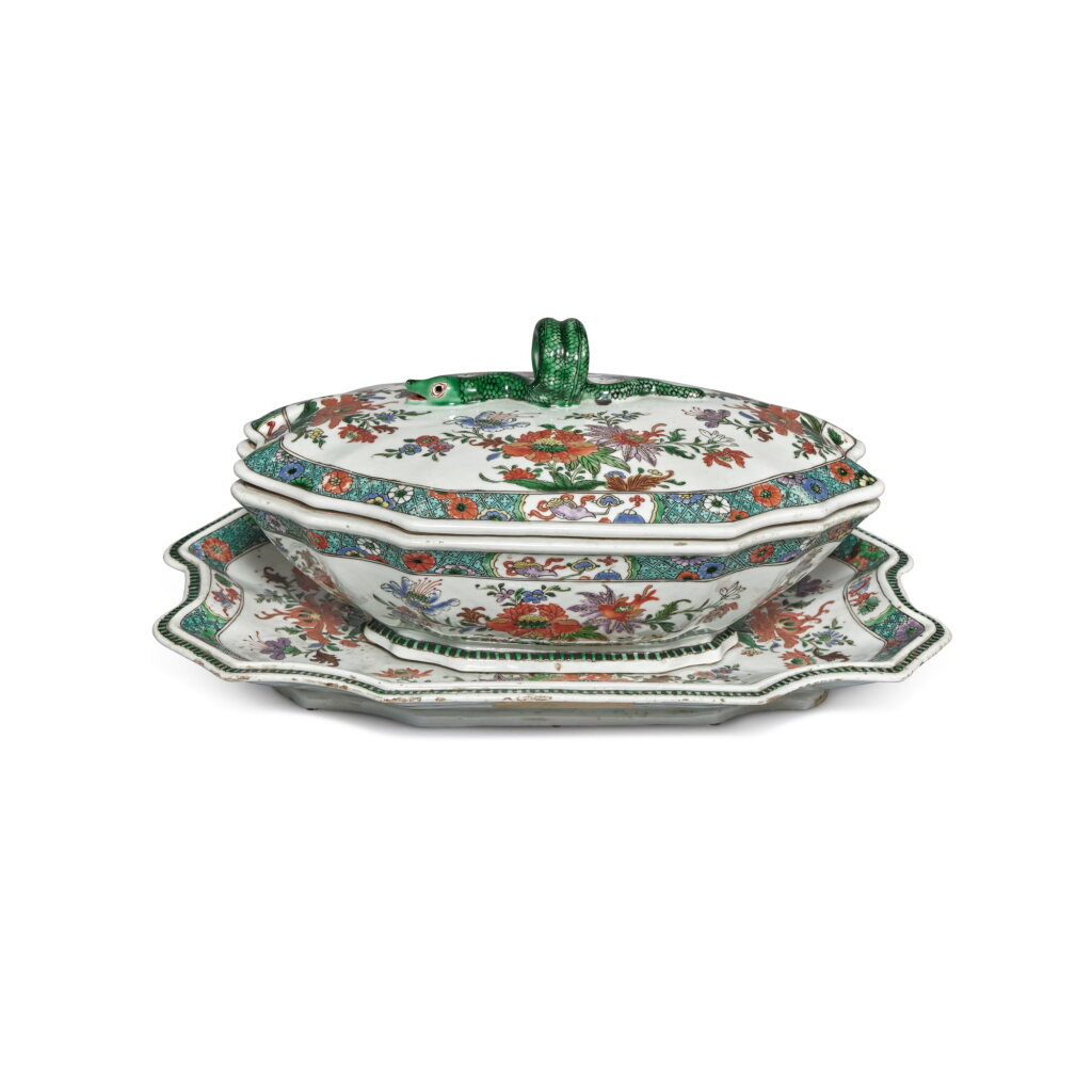 View full screen - View 1 of Lot 613. A Chinese Export Famille-Verte 'Rouen Faience' Tureen, Cover and Stand, Qing Dynasty, Qianlong Period, circa 1735-50.
