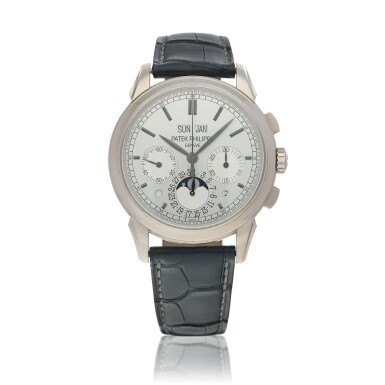 View full screen - View 1 of Lot 487. Ref. 5270G-001 White gold perpetual calendar chronograph wristwatch with moon phases, leap-year and day/night indication Circa 2011.