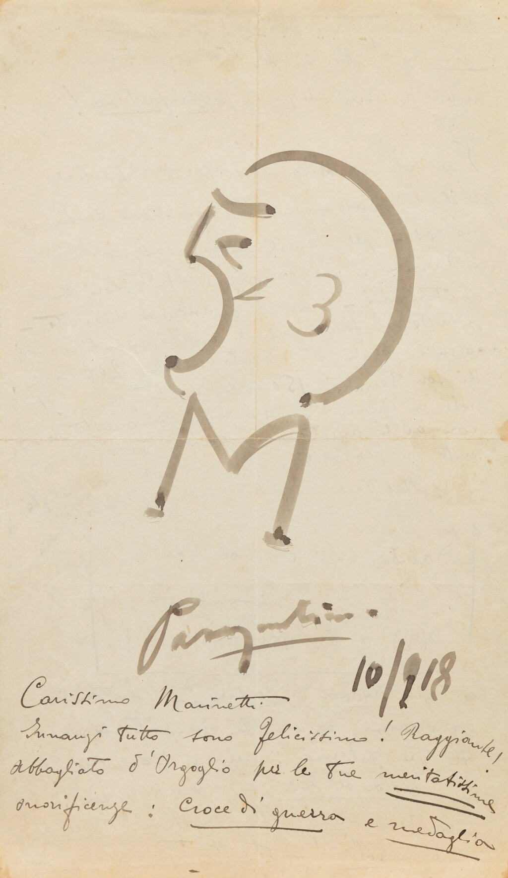 View full screen - View 1 of Lot 28. Paroliberist portrait of Marinetti. On a letter by Francesco Cangiullo to Marinetti.