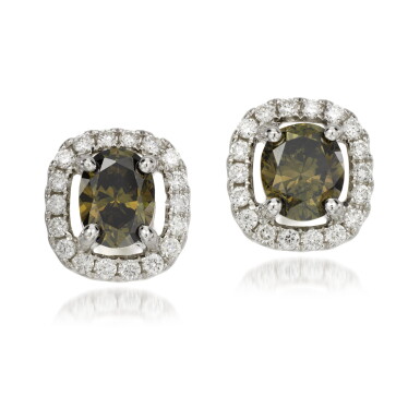 View full screen - View 1 of Lot 40. Pair of coloured diamond and diamond earrings.