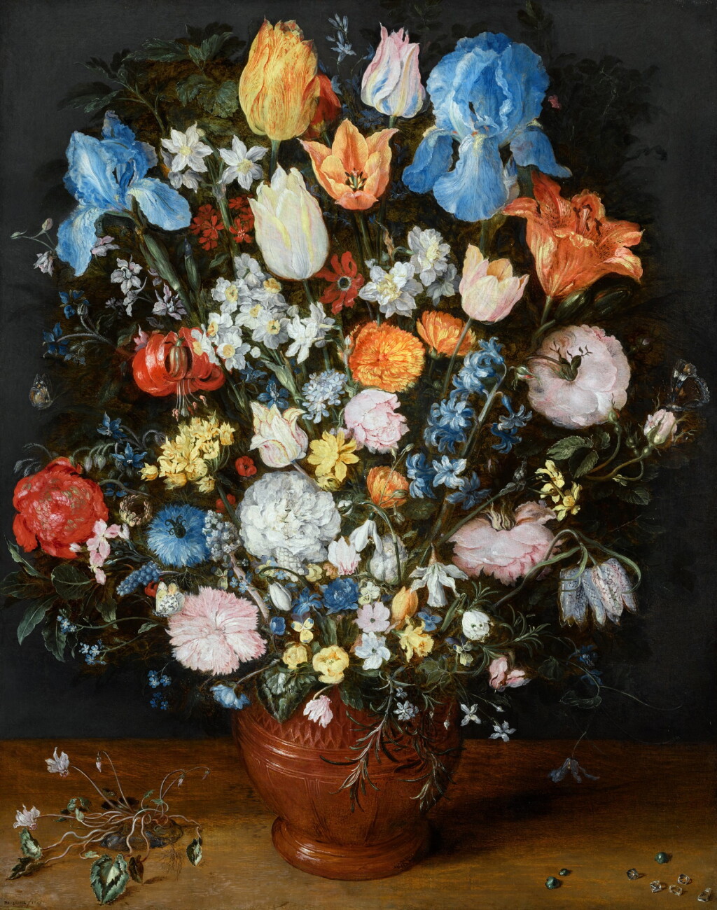 View full screen - View 1 of Lot 13. A lavish still life of many flowers in a terracotta vase resting on a wooden ledge, flanked by a clump of cyclamen and scattered diamonds and sapphires | 《靜物:木檯上赤陶瓶中的絢爛花卉,伴一簇仙客來、幾顆鑽石及藍寶石》.
