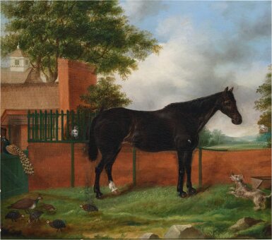 View full screen - View 1 of Lot 48. Dark bay horse in a stable yard, with quails, a peacock, and a dog.