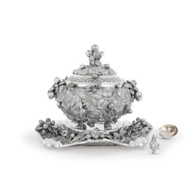 View full screen - View 1 of Lot 428. An Italian Silver Soup Tureen, Cover, Stand, and Ladle, Attributed to Guido Fiorentini, Milan, Mid 20th Century.