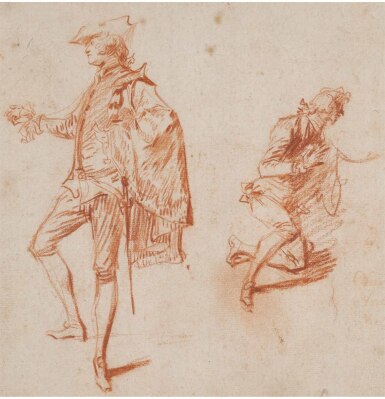View full screen - View 1 of Lot 29. JEAN ANTOINE WATTEAU | TWO STUDIES OF ELEGANT MEN, ONE STANDING, THE OTHER KNEELING.