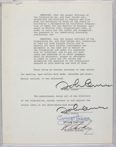 View full screen - View 1 of Lot 59. APPLE CORPS | Minutes of a meeting, signed by Lennon (twice), Harrison, and Starr, 1973.