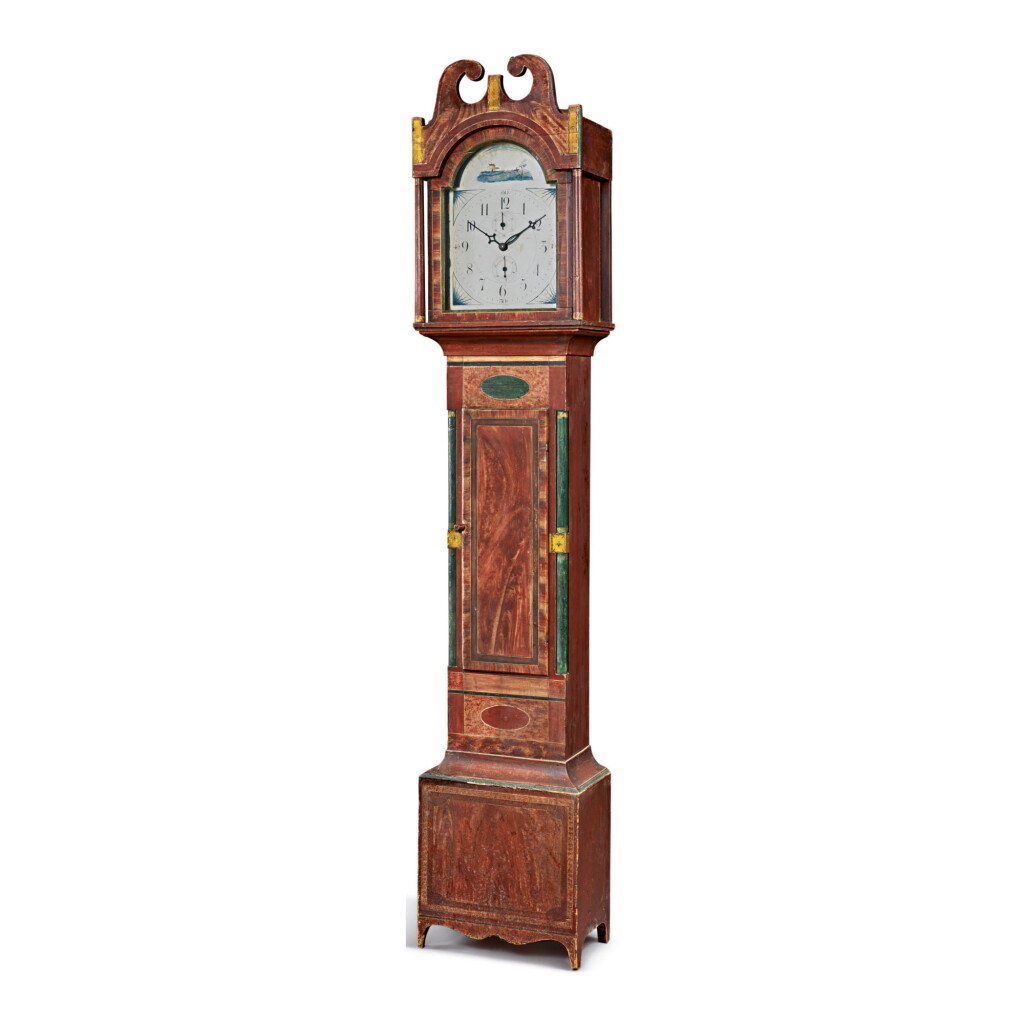 View full screen - View 1 of Lot 1657. FEDERAL POLYCHROME PAINT-DECORATED PINE TALL CASE CLOCK, WORKS PROBABLY BY MARK LEAVENWORTH, SOUTH SHAFTSBURY, VERMONT, CIRCA 1815.