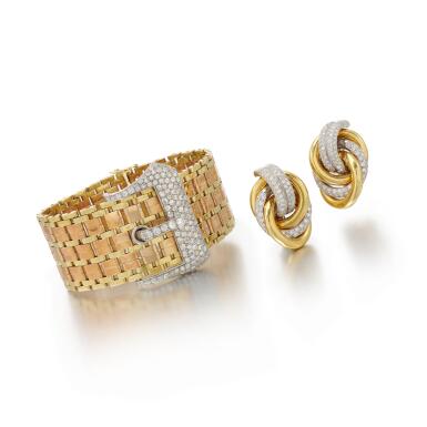View full screen - View 1 of Lot 175. Pair of diamond ear clips and bracelet (Paio di orecchini e bracciale in diamanti).
