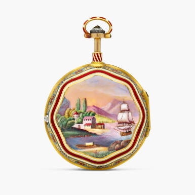 View full screen - View 1 of Lot 2300. A yellow gold, enamel and diamond-set pair cased minute repeating verge keywound watch with chain and fusée and enamel dial, Made for the Turkish market, Circa 1800.
