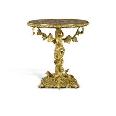 View full screen - View 1 of Lot 1017. A Victorian Gilt Bronze Gueridon with Inset Red Marble Top, In the Manner of Thomas Johnson, 19th Century .