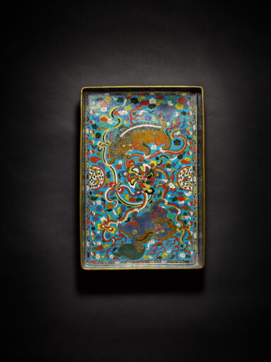 View full screen - View 1 of Lot 90. A very rare large cloisonné enamel 'Buddhist lion' rectangular tray, Ming dynasty, Wanli period | 明萬曆 掐絲琺瑯瑞獅紋長方盤 《景泰年製》仿款.