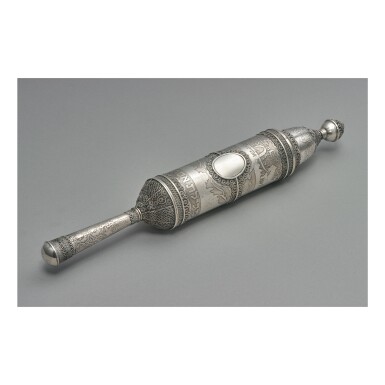 View full screen - View 1 of Lot 134. A LARGE SILVER ESTHER SCROLL CASE WITH SCROLL, BEZALEL, JERUSALEM, CIRCA 1920.