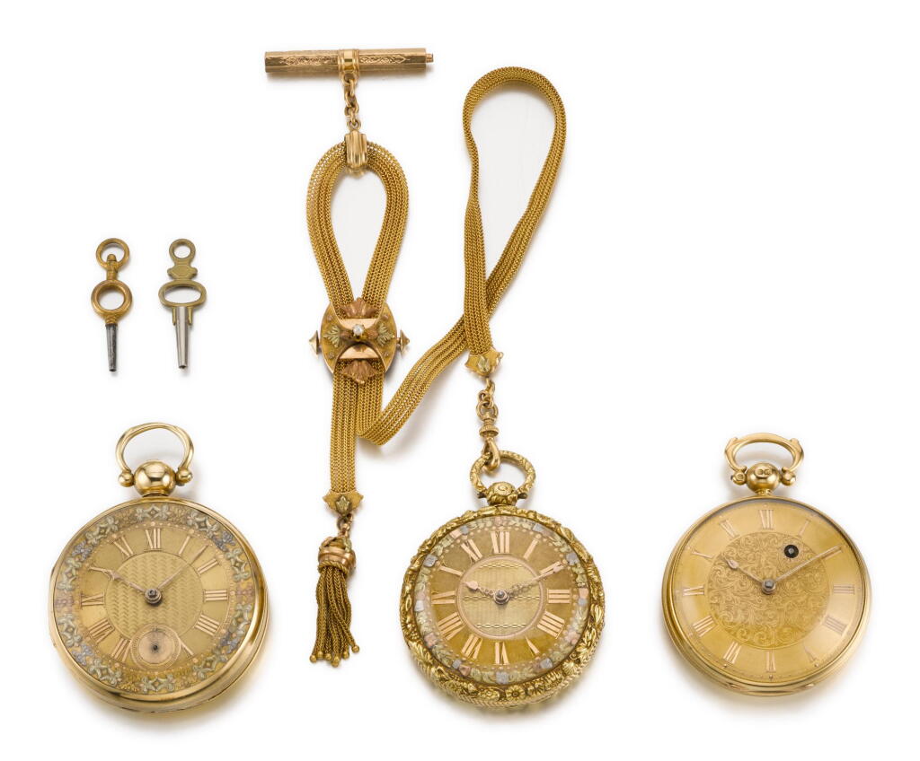 View full screen - View 1 of Lot 1035. VARIOUS, GROUP OF THREE YELLOW GOLD OPEN-FACED WATCHES CIRCA 19TH CENTURY.