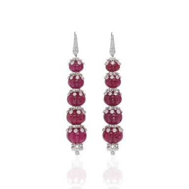 View full screen - View 1 of Lot 31. PAIR OF RUBY AND DIAMOND EARRINGS, MICHELE DELLA VALLE.