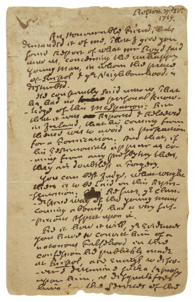 View full screen - View 1 of Lot 69. MATHER, COTTON | Autograph letter signed ("Co. Mather"), to the Reverend Samuel Danforth, regarding concerns surrounding Reverend James McSparran, Boston, 29 April 1719.