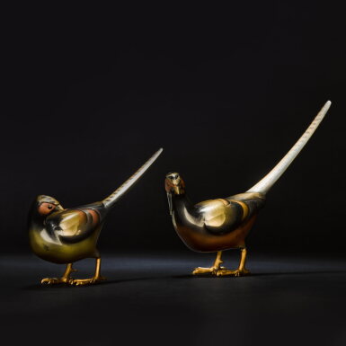 View full screen - View 1 of Lot 132. A pair of bronze okimono modeled as long-tailed pheasants | Taisho period, early 20th century .