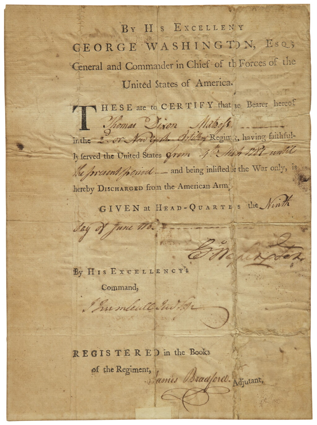 View full screen - View 1 of Lot 2162. Washington, George. Discharge document signed, 9 June 1783.