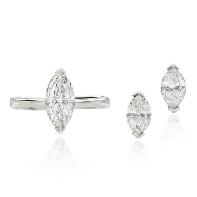 View full screen - View 1 of Lot 612. Diamond Demi-Parure | 欖尖形 E色 鑽石 戒指 及 耳環 套裝 .