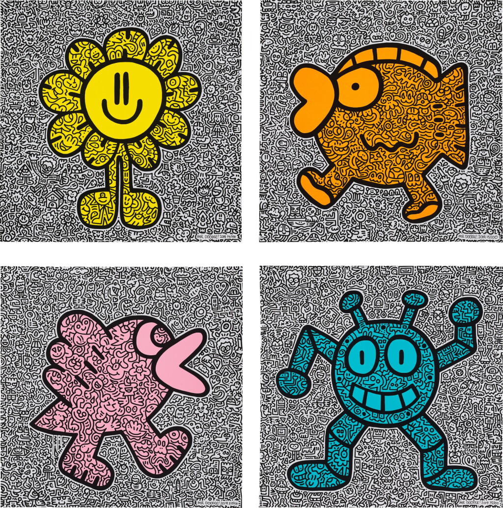 View full screen - View 1 of Lot 1072. MR DOODLE | I. YELLOW FLOWER/ II.ORANGE FISH/ III. PINK BIRD/ IV. BLUE ROBOT (SET OF FOUR) I. 黃花/ II. 橘色魚/ III. 粉紅鳥/ IV. 藍色機器人(一套四幅).