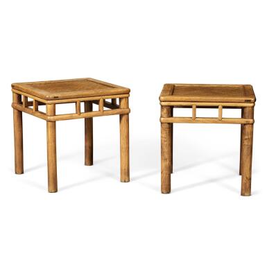 View full screen - View 1 of Lot 742. A pair of 'huanghuali' bamboo-style square stools (Fangdeng), Qing dynasty, 18th / 19th century | 清十八 / 十九世紀 黃花梨裹腿直棖加矮老圓包圓方凳一對.
