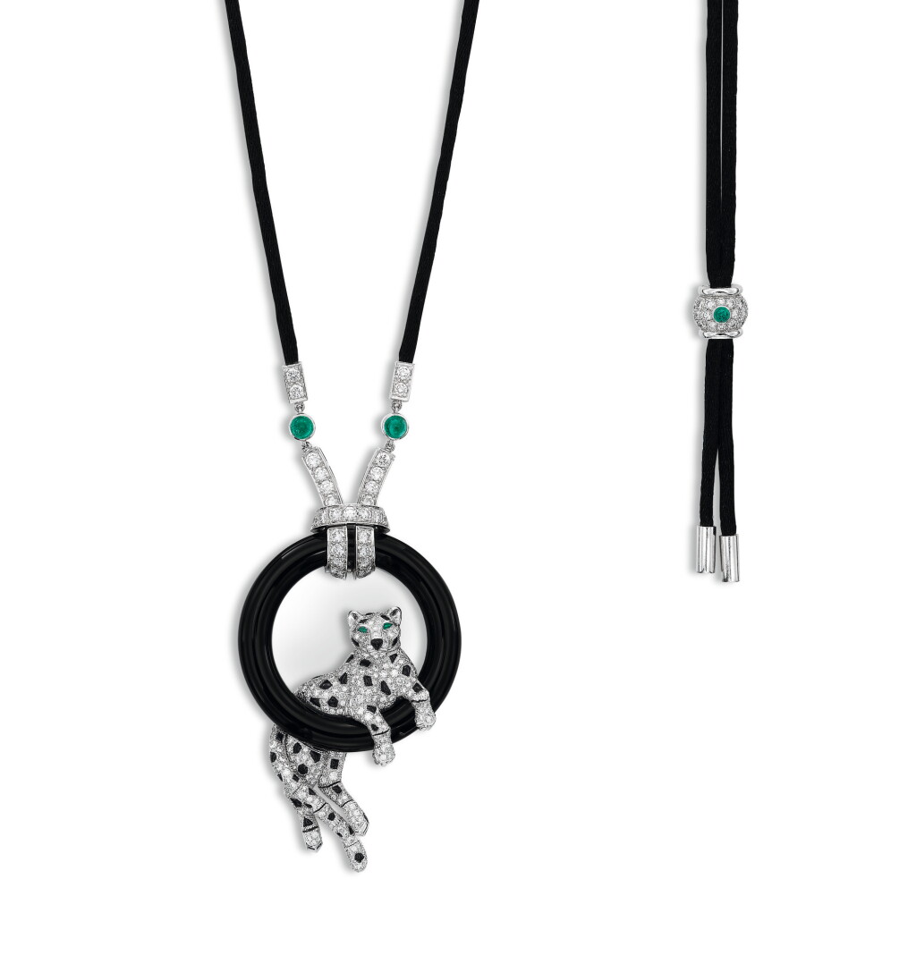 View full screen - View 1 of Lot 1662. Cartier | 'Pantheré' Diamond, Onyx and Emerald Pendent Necklace | 卡地亞 | 'Pantheré' 鑽石 配 縞瑪瑙 及 祖母綠 項鏈.