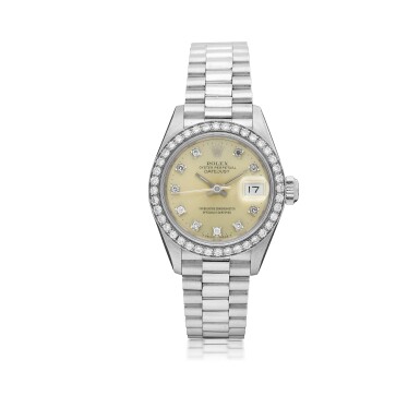 View full screen - View 1 of Lot 145. ROLEX | REFERENCE 69136 DATEJUST A PLATINUM AND DIAMOND-SET AUTOMATIC WRISTWATCH WITH DATE AND BRACELET, CIRCA 1990.