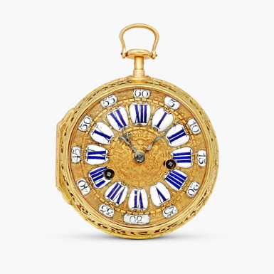 View full screen - View 1 of Lot 2553. A yellow gold hour and half-hour striking oignon watch with white enamel cartouches, Circa 1690.