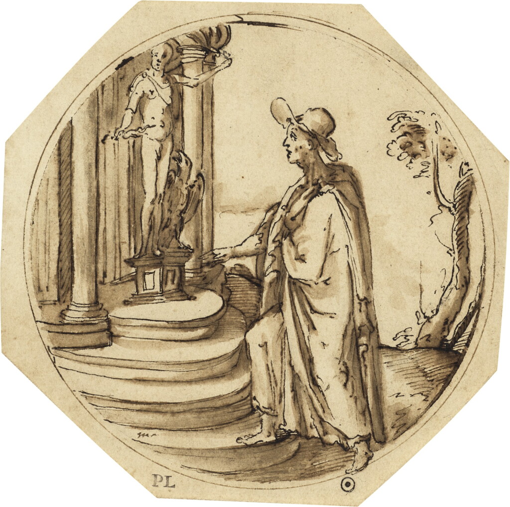 View full screen - View 1 of Lot 203. A man before a Roman Temple, with a statue of Jupiter.