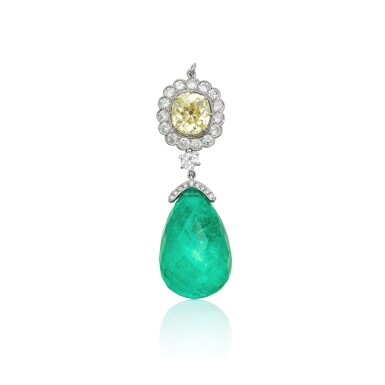 View full screen - View 1 of Lot 135. Emerald, Fancy Light Yellow Diamond and Diamond Pendant.