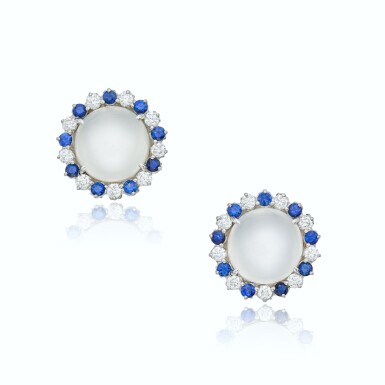 View full screen - View 1 of Lot 107. Pair of Moonstone, Sapphire and Diamond Earclips.
