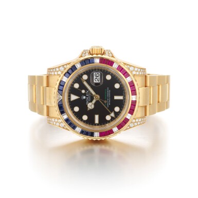 View full screen - View 1 of Lot 429. GMT-Master II, ref. 116758SARU Yellow gold, diamond, sapphire and ruby-set dual time zone wristwatch with date and bracelet Circa 2007.