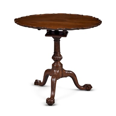 View full screen - View 1 of Lot 862. Rare Chippendale Carved and Figured Mahogany Scalloped-Top Tilt-Top Tea Table, Carving possibly by the "de Young High Chest" Carver, Philadelphia, Pennsylvania, Circa 1770.