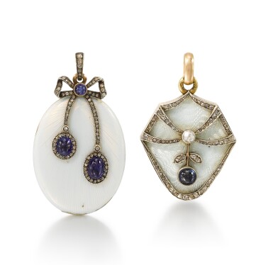 View full screen - View 1 of Lot 1041. Two Russian jewelled gold, silver and guilloché enamel lockets.