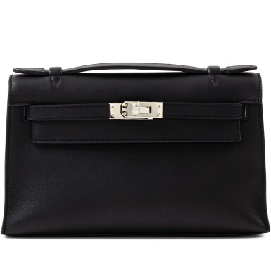 View full screen - View 1 of Lot 380. Black Swift Kelly Pochette Palladium Hardware, 2022.