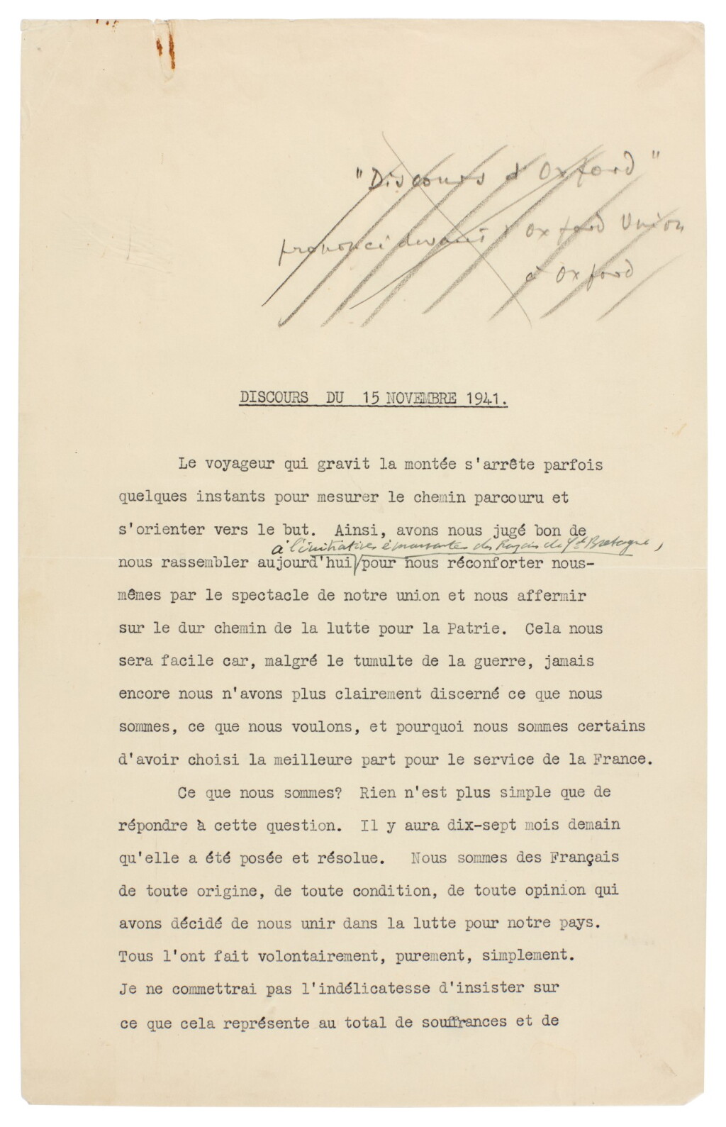View full screen - View 1 of Lot 62. Charles de Gaulle | Revised typescript of his speech outlining his plans for the Free French Organisation, November 1941.
