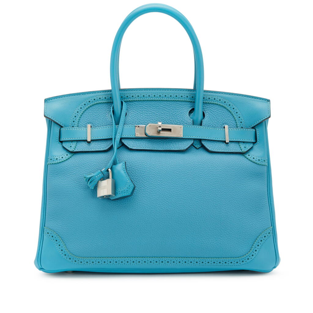 View full screen - View 1 of Lot 123. Limited Edition Turquoise Togo and Swift Ghillies Birkin 30 Palladium Hardware, 2015.
