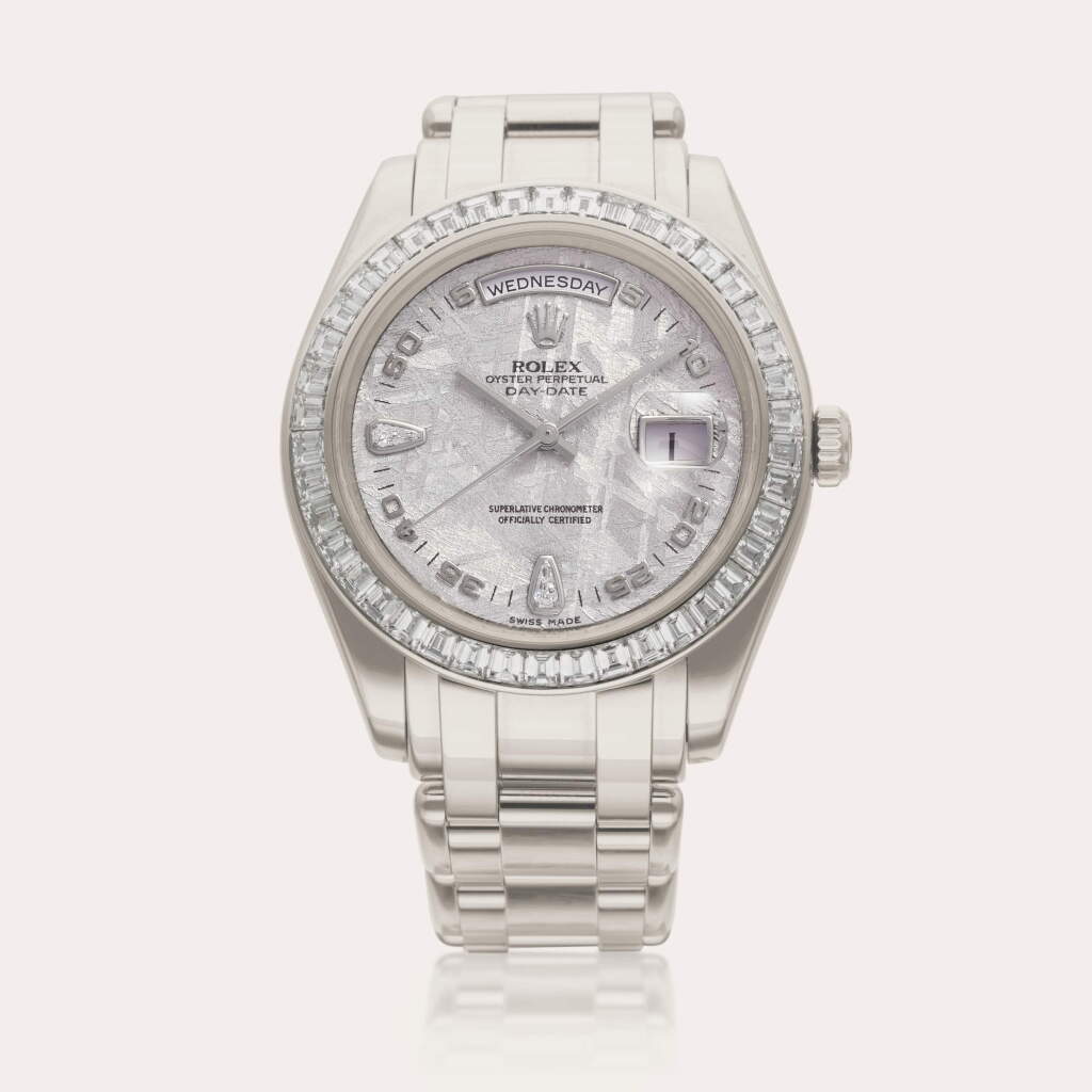 View full screen - View 1 of Lot 10. Reference 18956 Day-Date Pearlmaster | A platinum and diamond-set automatic wristwatch with day, date, bracelet and meteorite dial, Circa 2010.