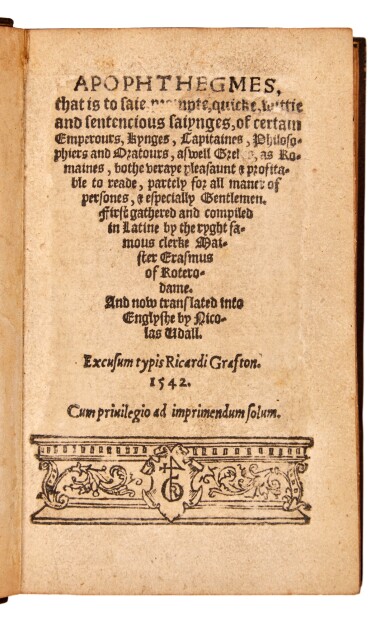 View full screen - View 1 of Lot 22. Erasmus | Apophthegmes, 1542, first edition in English.