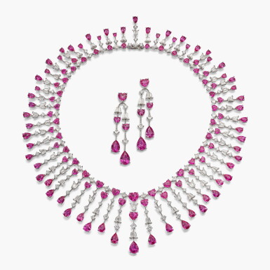 View full screen - View 1 of Lot 1746. Pink Sapphire and Diamond Demi-Parure | 天然未經加熱粉紅色剛玉 配 鑽石 項鏈 及 耳環套裝.