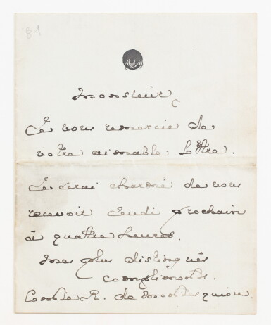 View full screen - View 1 of Lot 76. MONTESQUIOU, Robert de. Lettre à Marcel Proust (?). Avril 1893. Invitation peu après leur première rencontre..