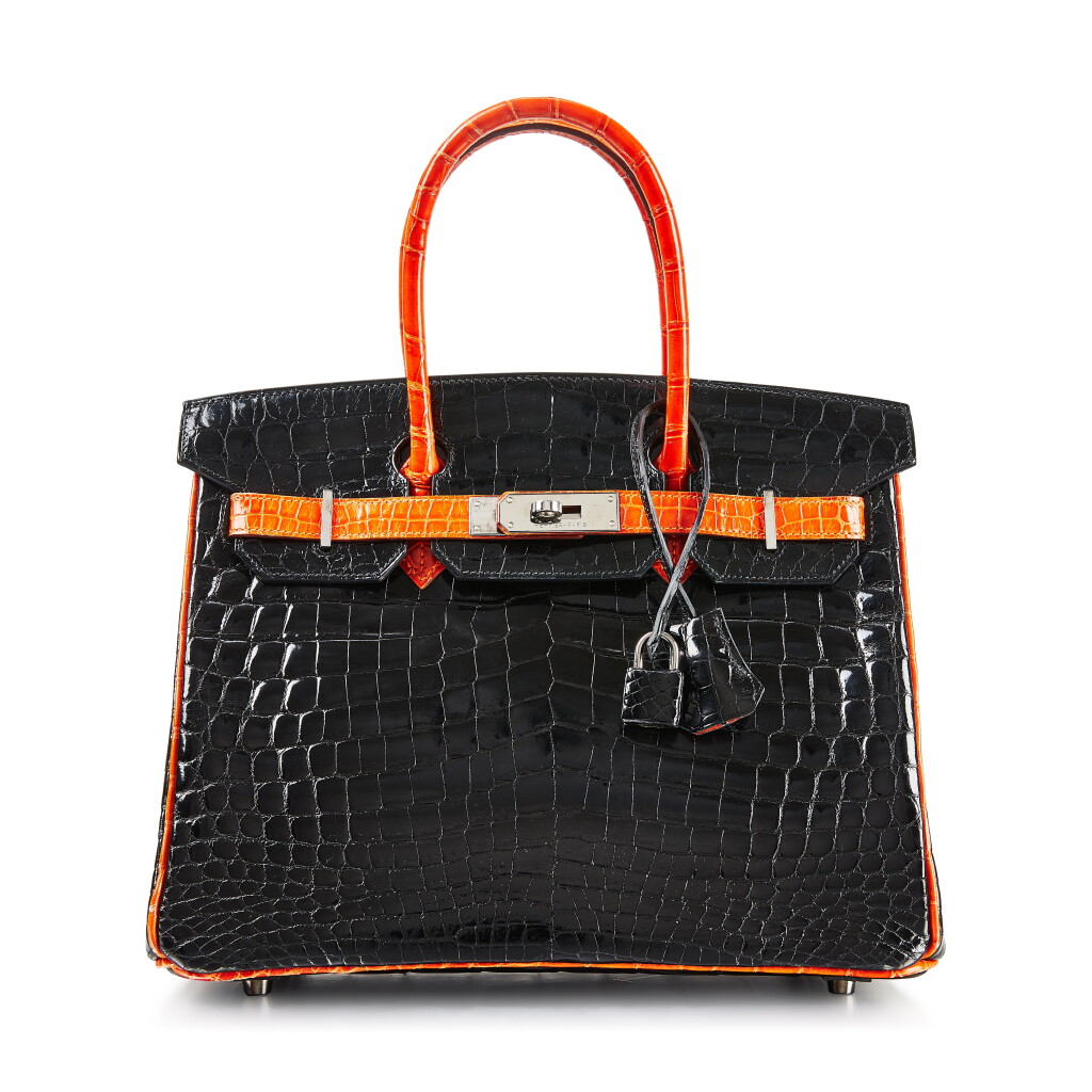 View full screen - View 1 of Lot 8382. Black and Orange H Shiny Niloticus Birkin 30 Palladium Hardware, 2005 | 愛馬仕黑色拼經典橘色亮面尼羅河鱷魚皮30公分柏金包,配鍍鈀金屬件,2005年.