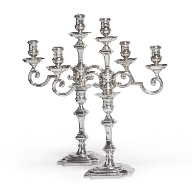 View full screen - View 1 of Lot 806. ROYAL: A PAIR OF ENGLISH SILVER THREE-LIGHT CANDELABRA, GOLDSMITHS & SILVERSMITHS CO. LTD., LONDON, 1938.