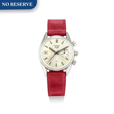 View full screen - View 1 of Lot 8120. HEUER | CARRERA DATO 45, REFERENCE 3147S | A STAINLESS STEEL CHRONOGRAPH WRISTWATCH WITH DATE, CIRCA 1960 | 豪雅 | Carrera Dato 45 型號3147S 精鋼計時腕錶,備日期顯示,約1960年製.