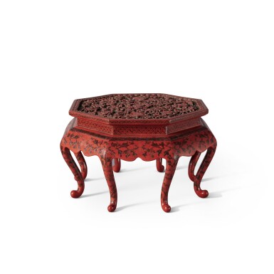 View full screen - View 1 of Lot 166. A rare carved cinnabar lacquer and 'tianqi' 'precious emblems' octagonal stand, Late Ming dynasty.