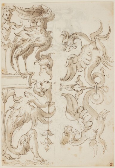 View full screen - View 1 of Lot 509. ATTRIBUTED TO ALBERTO ALBERTI | Recto: Two grotesque ornaments with monsters Verso: Head of Medusa and a grotesque ornament .