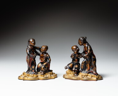 View full screen - View 1 of Lot 344. A pair of Louis XV lacquered and gilt-bronze chinese figures, circa 1750 | Paire de personnages chinois en bronze laqué et doré d’époque Louis XV, vers 1750 .