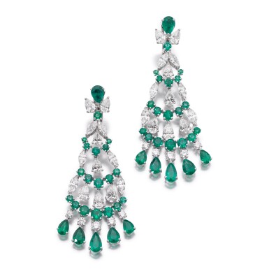 View full screen - View 1 of Lot 347. Pair of emerald and diamond pendent earrings.