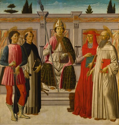 View full screen - View 1 of Lot 6. FRANCESCO BOTTICINI | Saint Nicholas enthroned with Saints Hubert, Dominic, Jerome and Anthony of Padua | 弗朗契斯科・波提其尼 |《聖尼格老登位,聖胡伯、聖道明、聖傑羅姆與帕多瓦的聖安東尼在旁》.